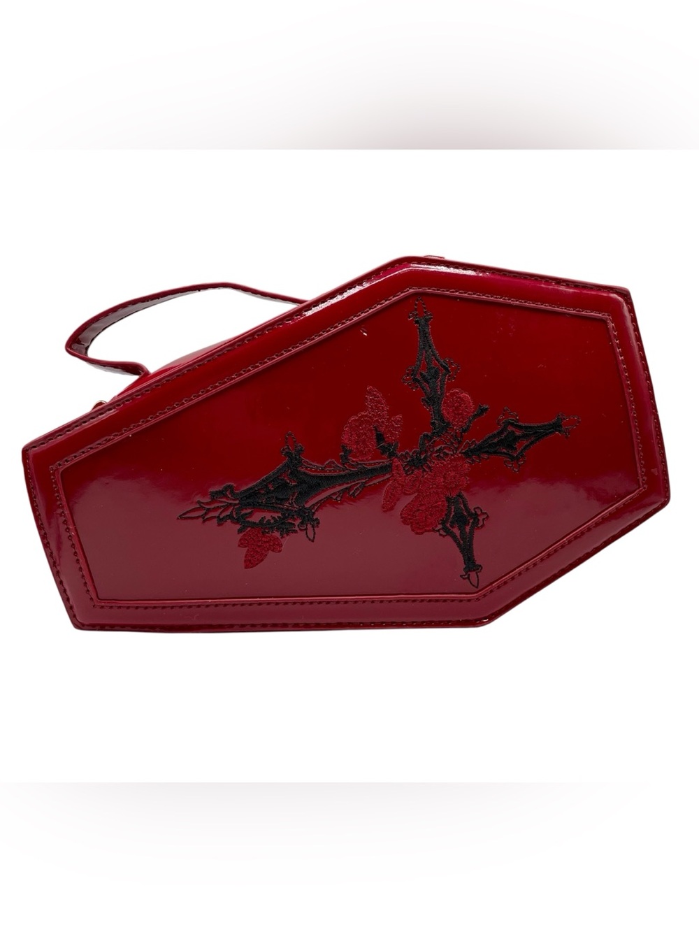 Red Patented Leather Coffin Tote with Gothic Floral Detail